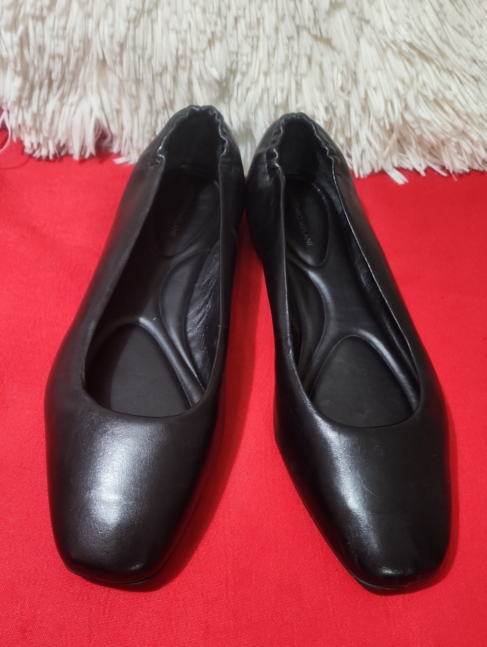ANTONIO MELANI Black Leather Square-Toe Ballet Flats